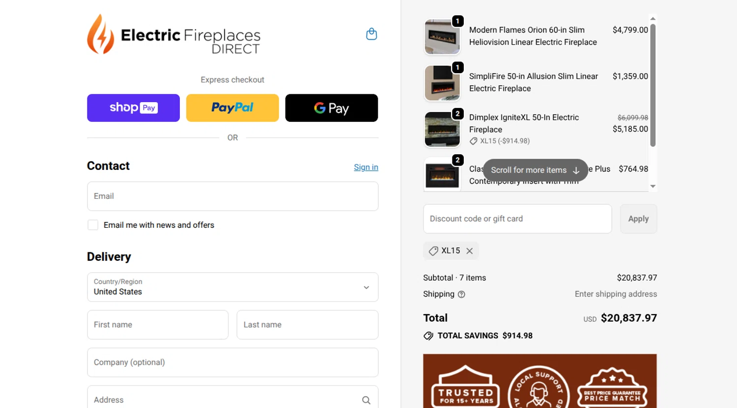 Electric Fireplaces Direct promo code screenshot showing code XL15 applied at Electric Fireplaces Direct checkout page. Uploaded by SimplyCodes community member reimalave10 on Jan 6, 2026