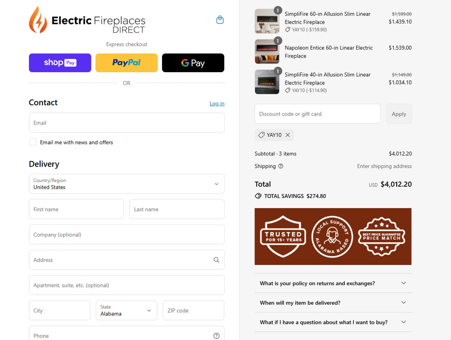 Electric Fireplaces Direct promo code screenshot showing code YAY10 applied at Electric Fireplaces Direct checkout page. Uploaded by SimplyCodes community member valeriaantonieta on Aug 19, 2025