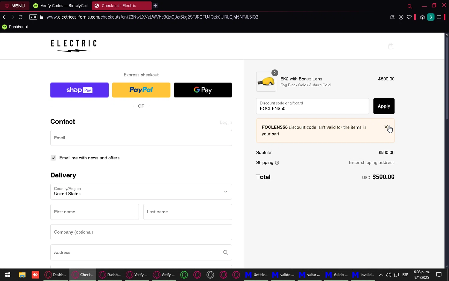 Electric promo code screenshot showing code FOCLENS50 applied at Electric checkout page. Uploaded by SimplyCodes community member Purureche on Jan 9, 2025