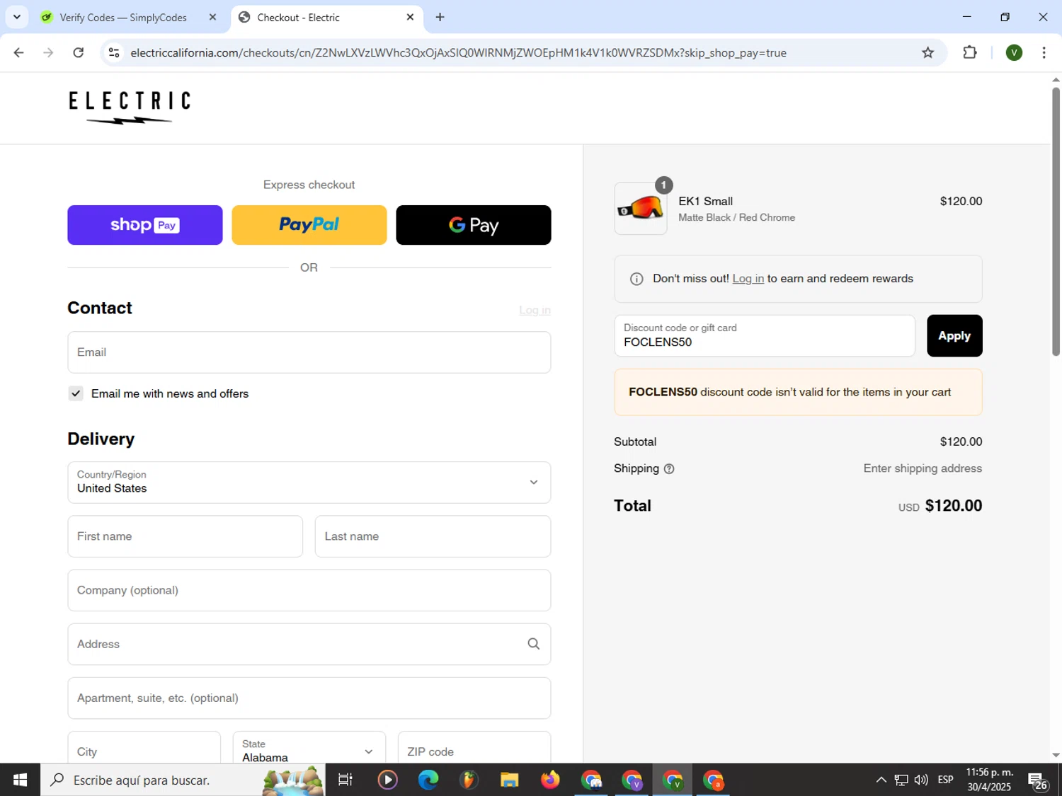 Electric promo code screenshot showing code FOCLENS50 applied at Electric checkout page. Uploaded by SimplyCodes community member PrimeWizard4168 on May 1, 2025