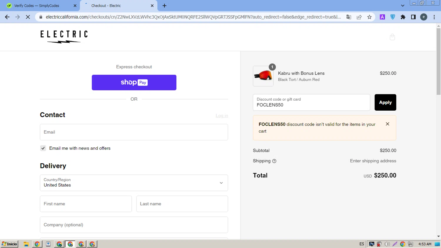 Electric promo code screenshot showing code FOCLENS50 applied at Electric checkout page. Uploaded by SimplyCodes community member MightyPro980 on Feb 11, 2025