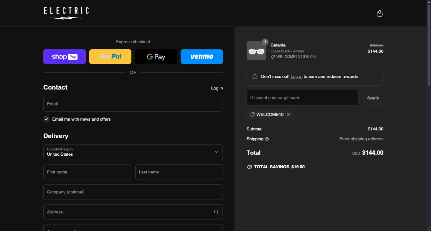 Electric promo code screenshot showing code WELCOME10 applied at Electric checkout page. Uploaded by SimplyCodes community member NezzNamelees on Jun 3, 2025