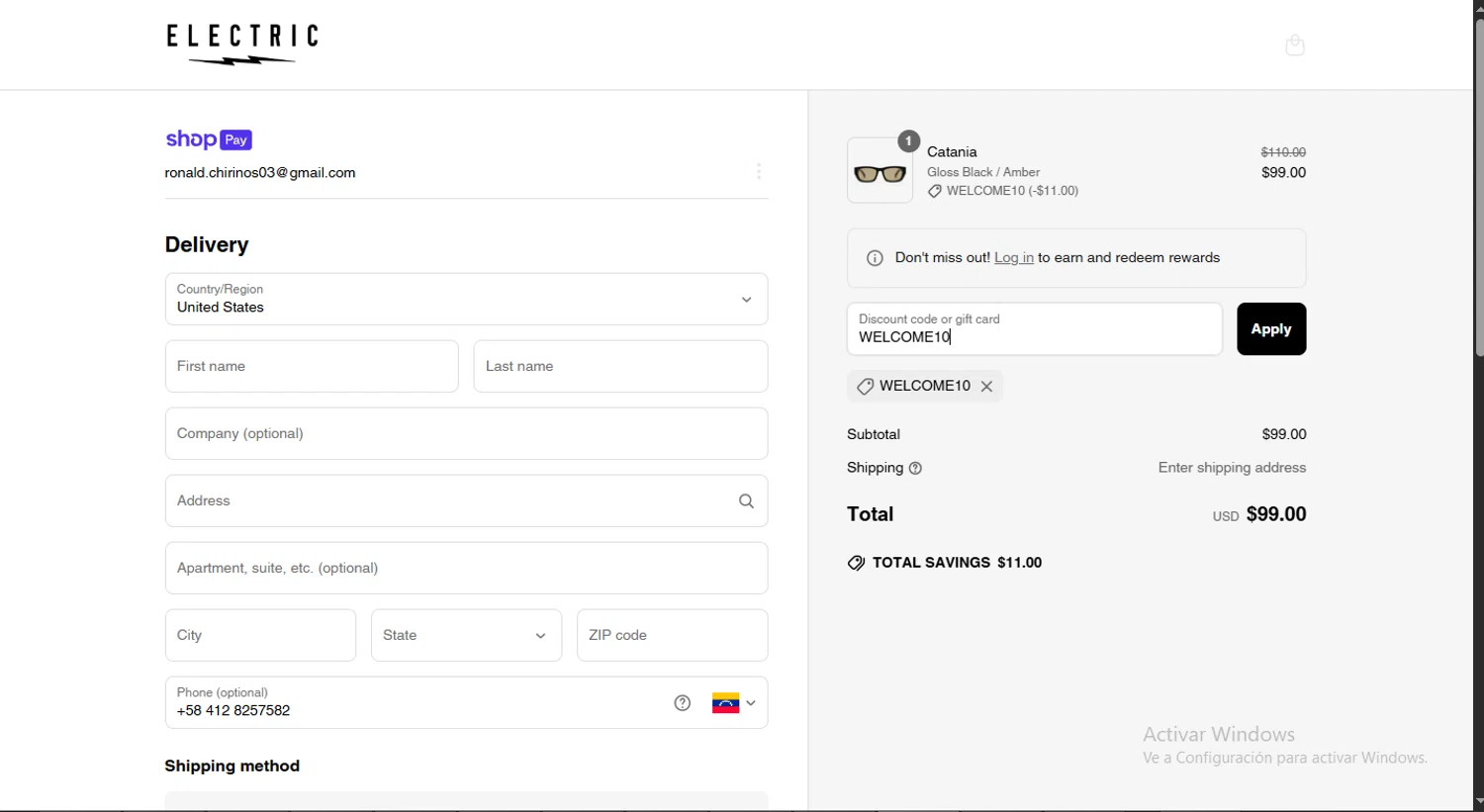 Electric promo code screenshot showing code WELCOME10 applied at Electric checkout page. Uploaded by SimplyCodes community member CodeExpert7814 on Apr 23, 2025