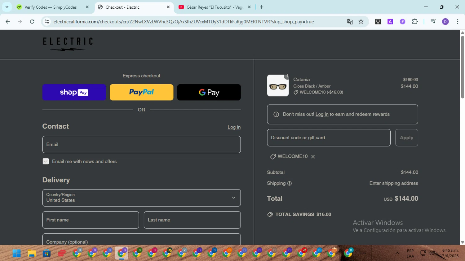 Electric promo code screenshot showing code WELCOME10 applied at Electric checkout page. Uploaded by SimplyCodes community member SavingsGuardian5156 on Jun 17, 2025