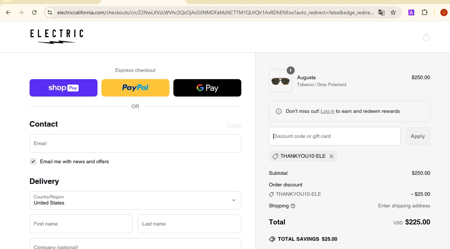 Electric promo code screenshot showing code THANKYOU10-ele applied at Electric checkout page. Uploaded by SimplyCodes community member SmartMaestro6853 on Apr 12, 2025
