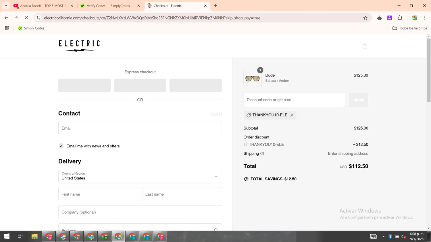 Electric promo code screenshot showing code THANKYOU10-ele applied at Electric checkout page. Uploaded by SimplyCodes community member CoinMaven5220 on Jan 9, 2025