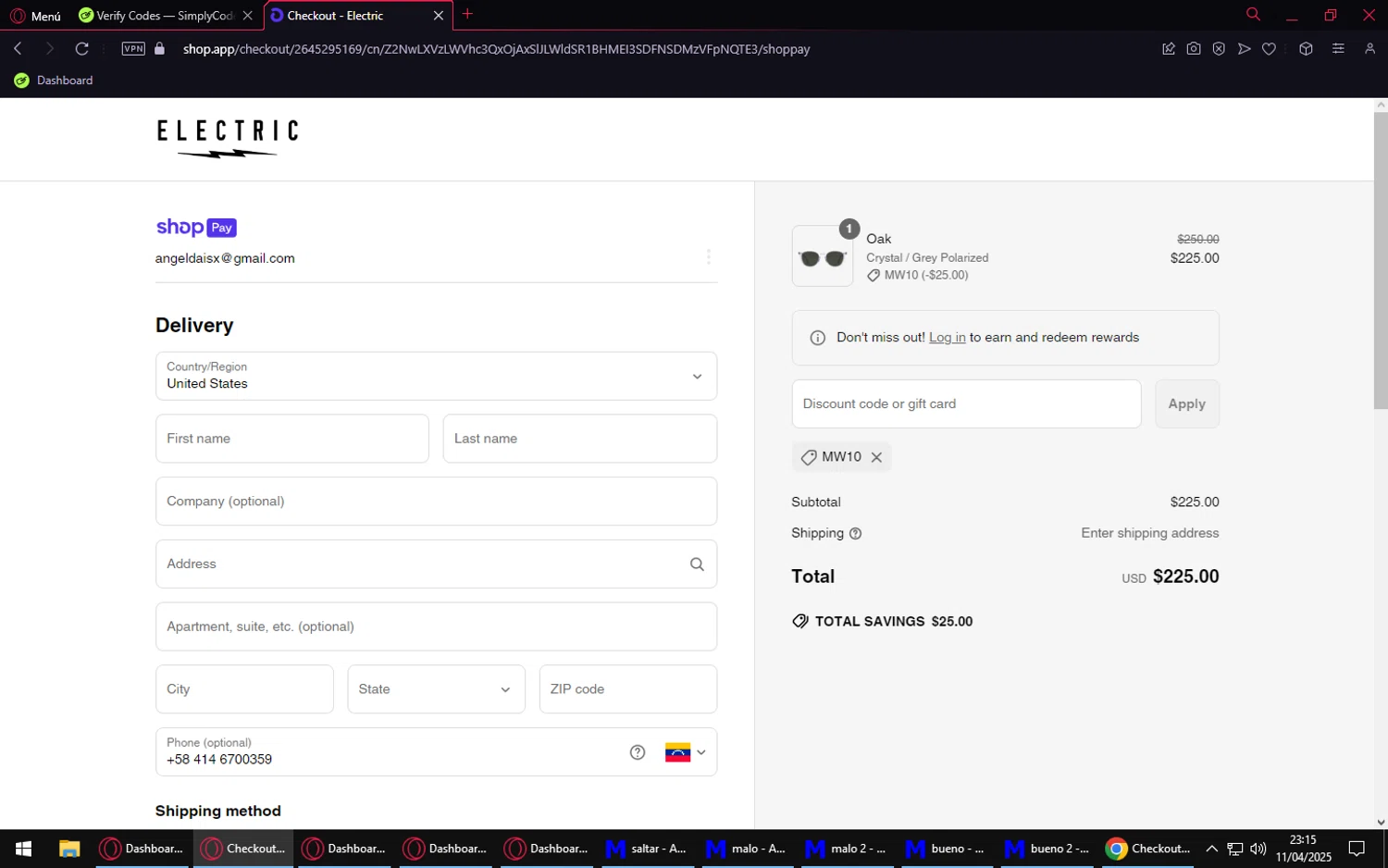 Electric promo code screenshot showing code MW10 applied at Electric checkout page. Uploaded by SimplyCodes community member PromoEagle6451 on Apr 12, 2025