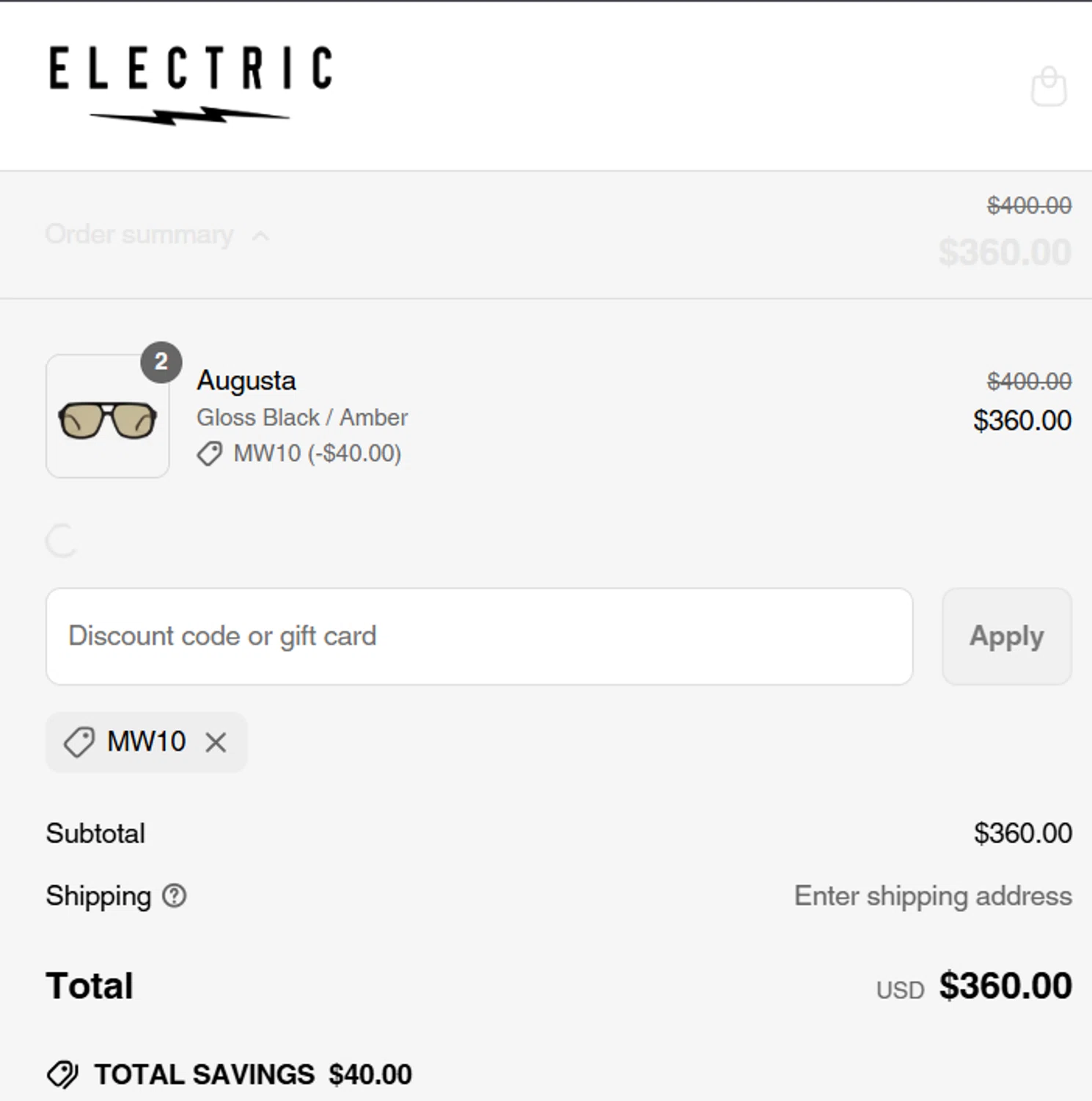 Electric promo code screenshot showing code MW10 applied at Electric checkout page. Uploaded by SimplyCodes community member ScanMaverick784 on Apr 12, 2025