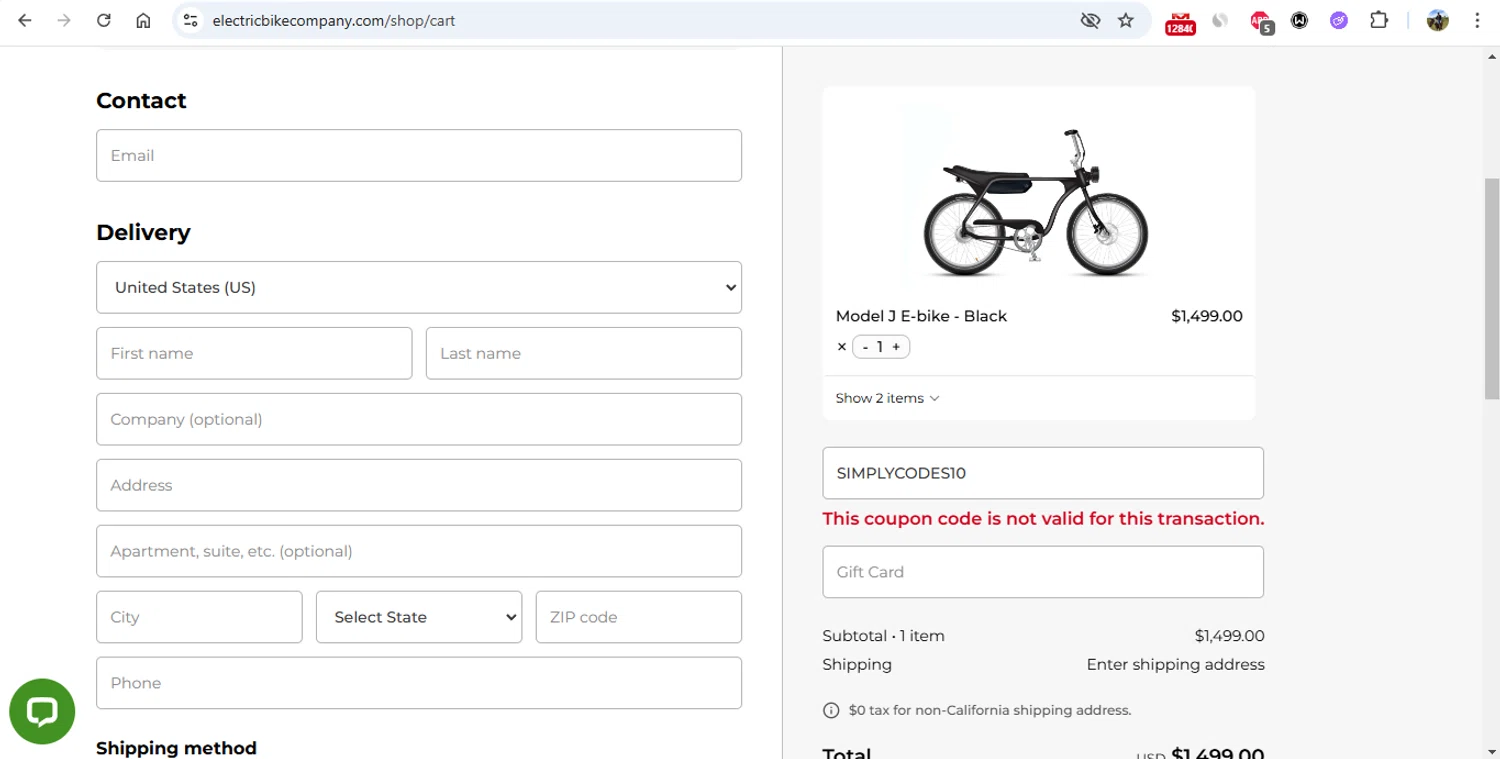 Electric Bike Company coupon code screenshot showing code SIMPLYCODES10 applied at Electric Bike Company checkout page. Uploaded by SimplyCodes community member gonzalodamole on Feb 6, 2025