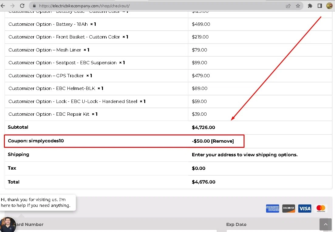 Electric Bike Company checkout page showing Electric Bike Company coupon code box | Screenshot taken by SimplyCodes community member on Jan 25, 2023