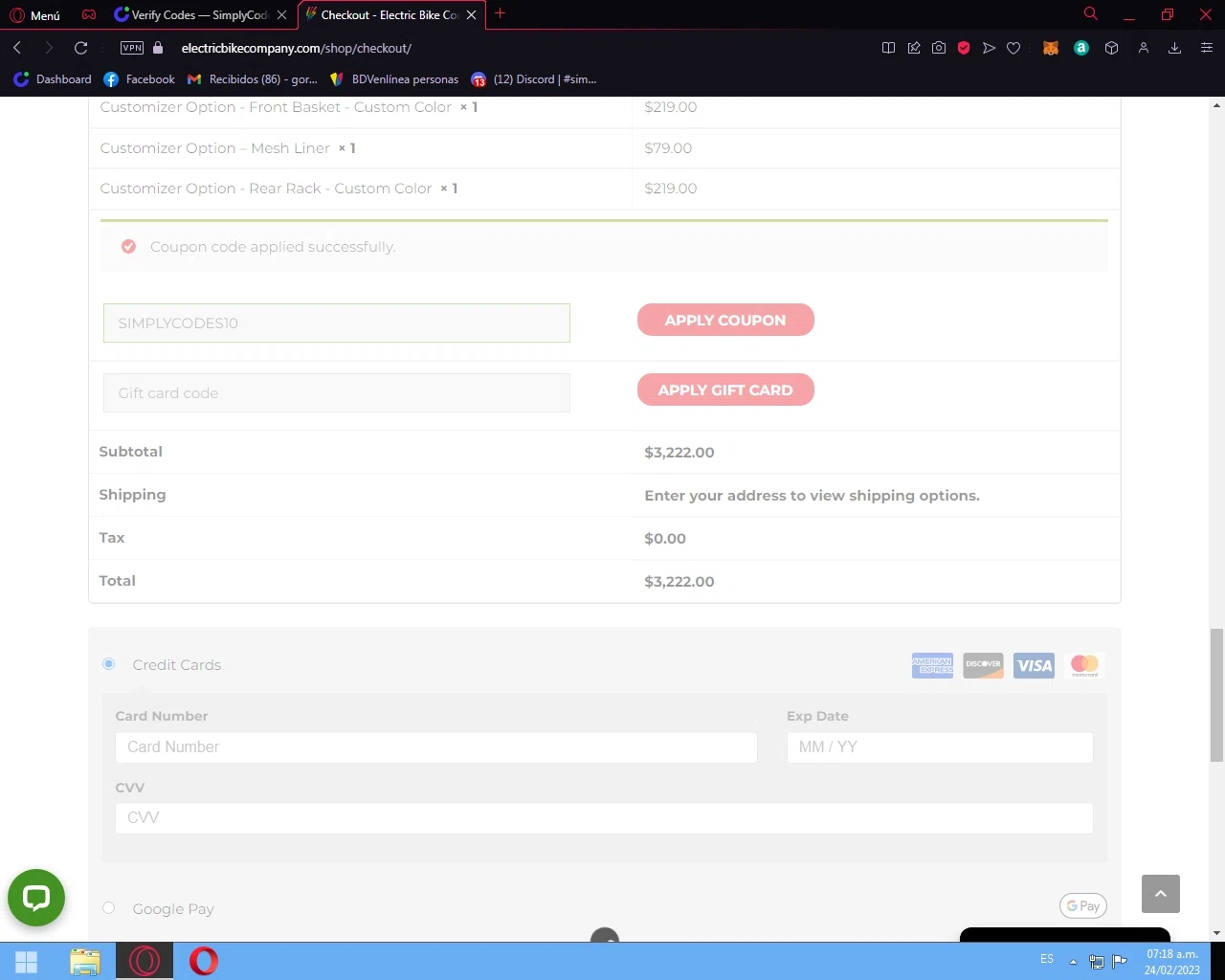 Electric Bike Company checkout page showing Electric Bike Company coupon code box | Screenshot taken by SimplyCodes community member on Feb 24, 2023