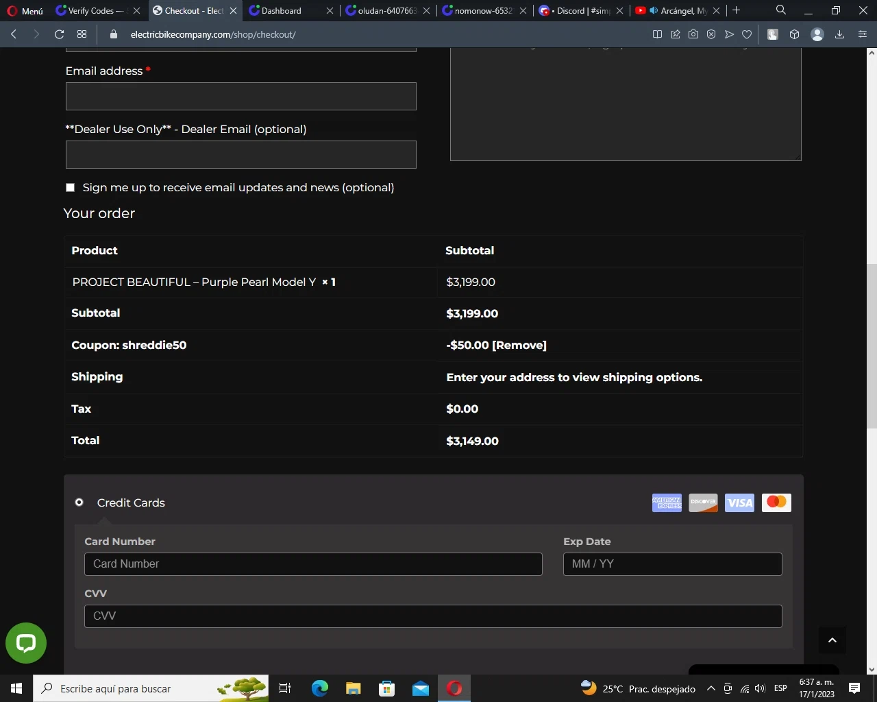 Electric Bike Company checkout page showing Electric Bike Company coupon code box | Screenshot taken by SimplyCodes community member on Jan 17, 2023