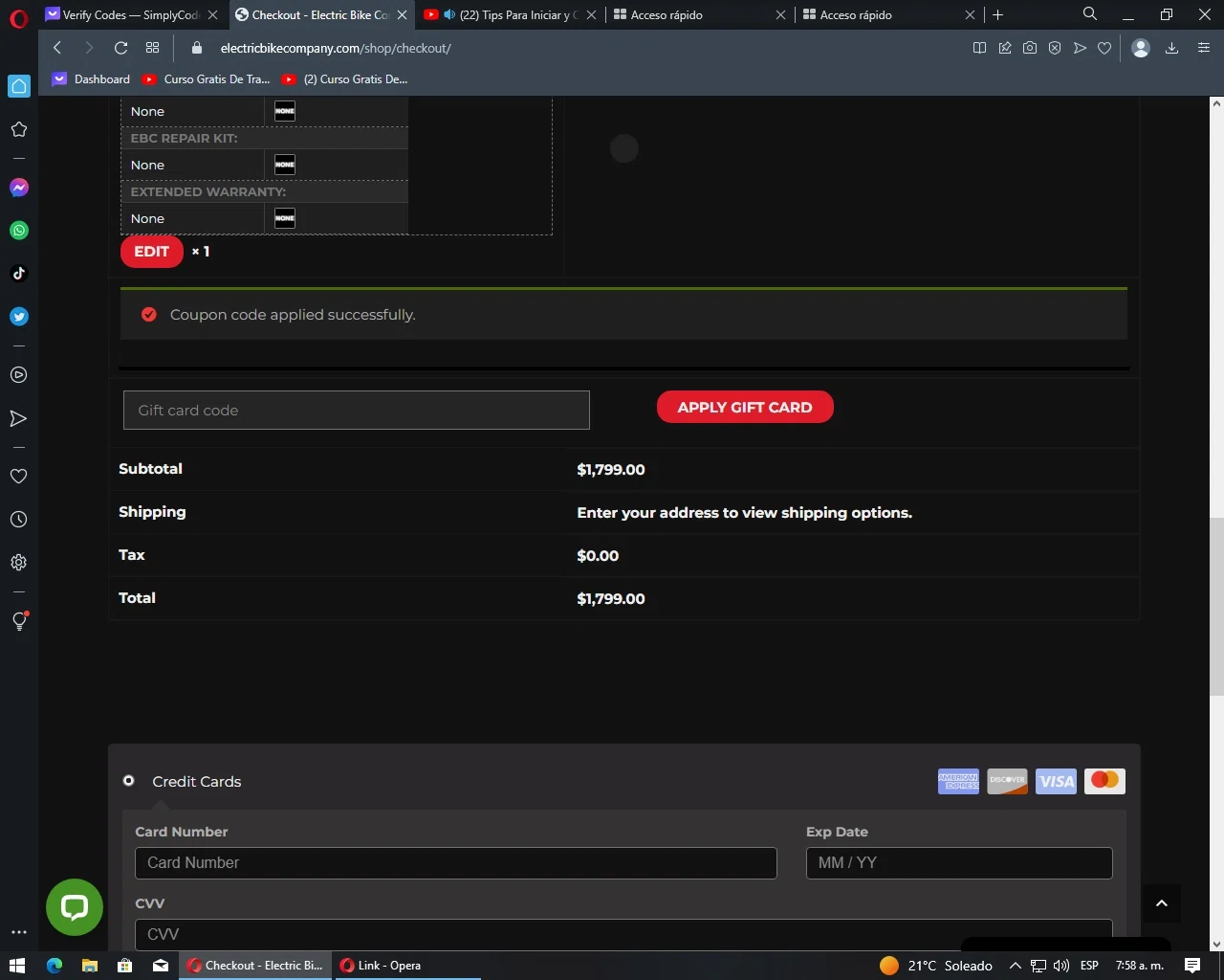 Electric Bike Company checkout page showing Electric Bike Company coupon code box | Screenshot taken by SimplyCodes community member on May 4, 2023