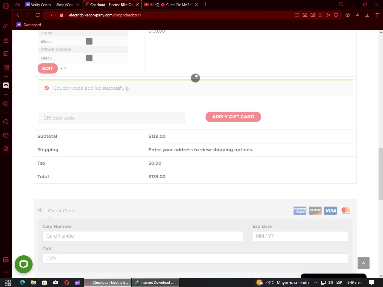Electric Bike Company checkout page showing Electric Bike Company coupon code box | Screenshot taken by SimplyCodes community member on Jun 10, 2023