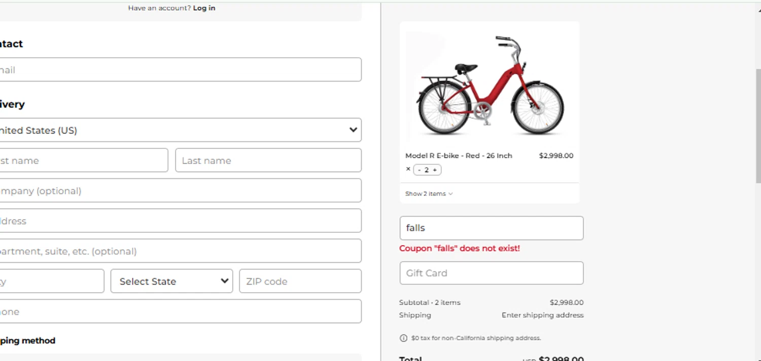 Electric Bike Company coupon code screenshot showing code falls applied at Electric Bike Company checkout page. Uploaded by SimplyCodes community member alejandroadrianza on Feb 12, 2025