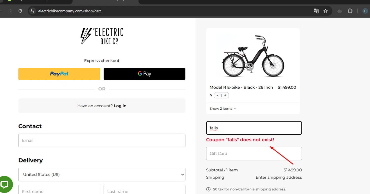 Electric Bike Company coupon code screenshot showing code falls applied at Electric Bike Company checkout page. Uploaded by SimplyCodes community member MoneySage8222 on Feb 12, 2025