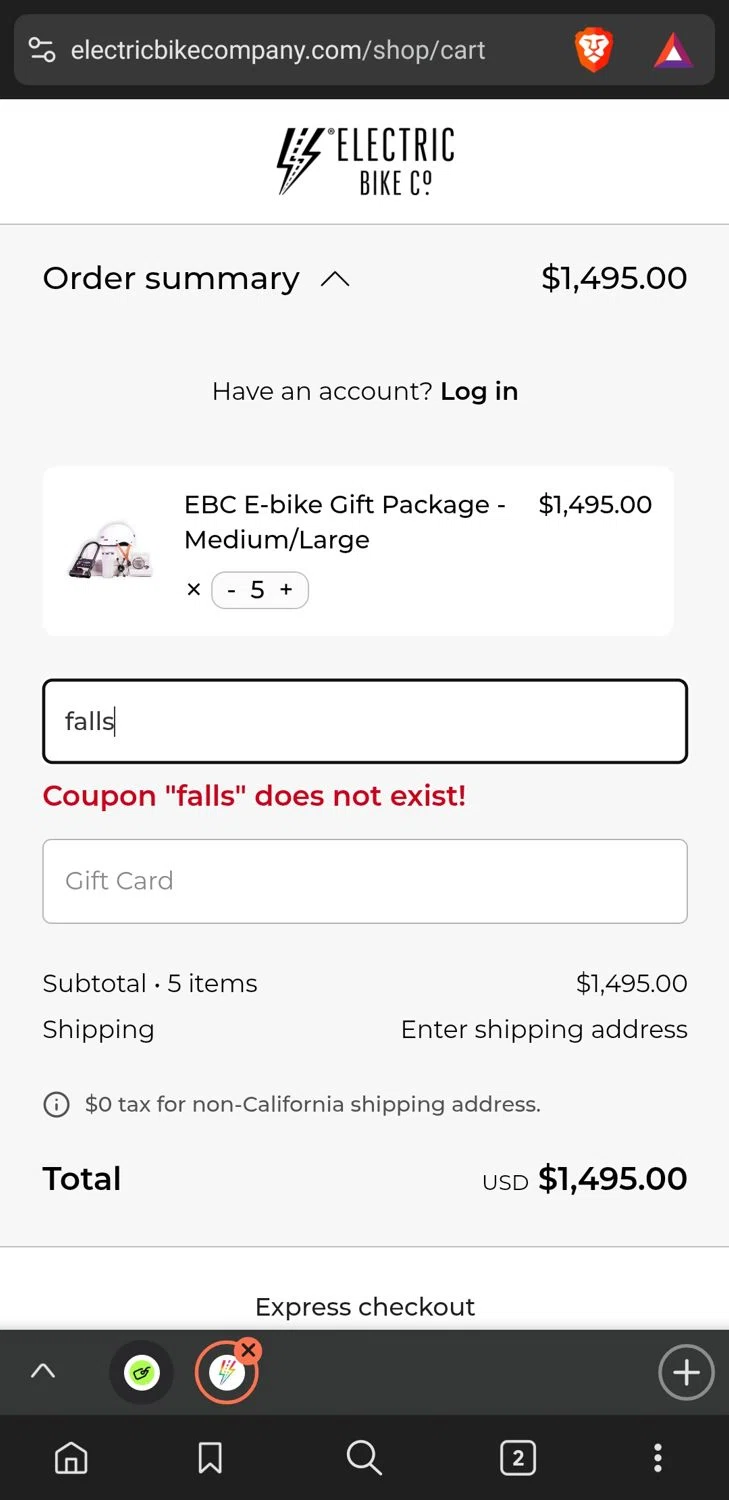 Electric Bike Company coupon code screenshot showing code falls applied at Electric Bike Company checkout page. Uploaded by SimplyCodes community member xxdddd on Feb 12, 2025