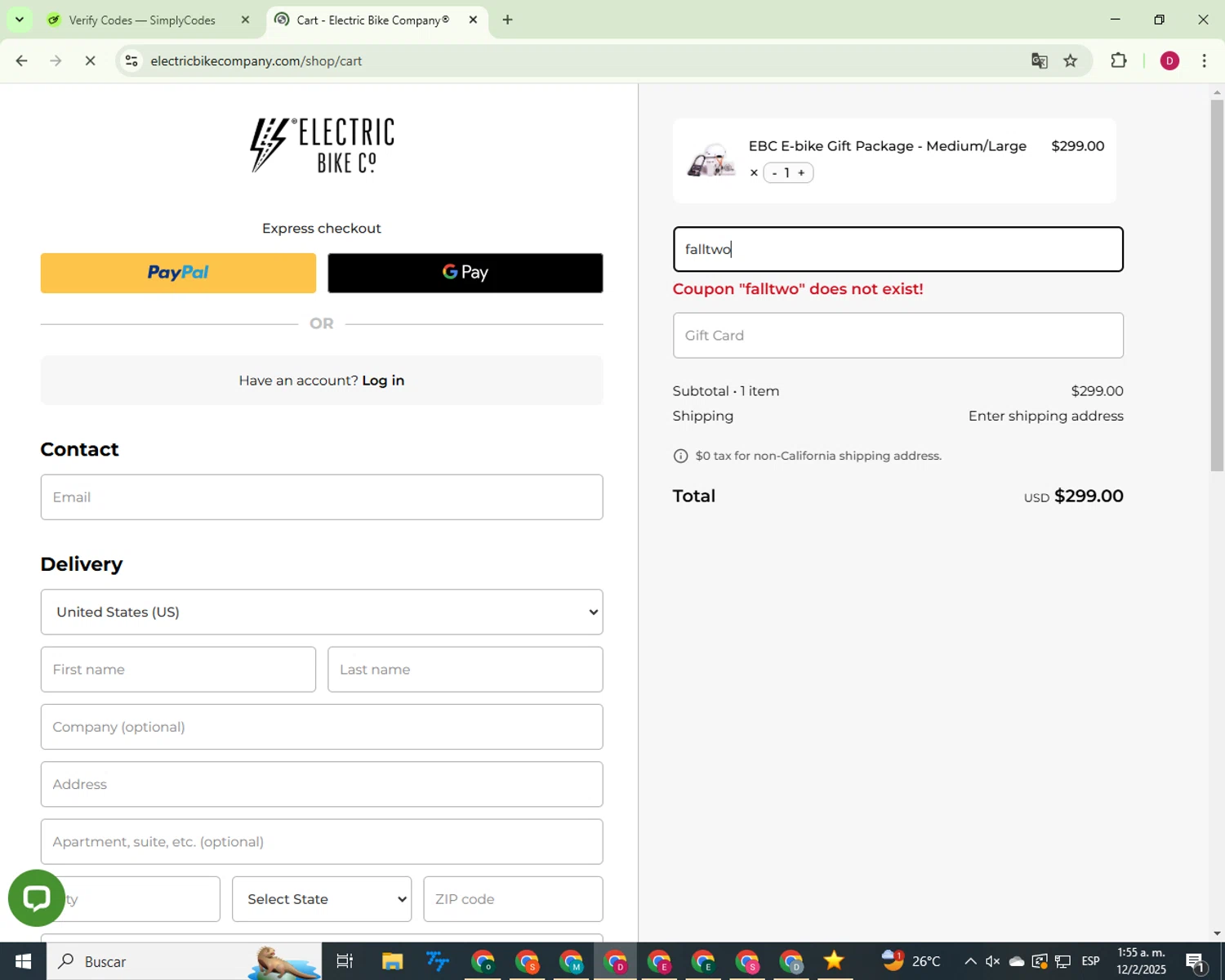 Electric Bike Company coupon code screenshot showing code falltwo applied at Electric Bike Company checkout page. Uploaded by SimplyCodes community member 000012 on Feb 12, 2025