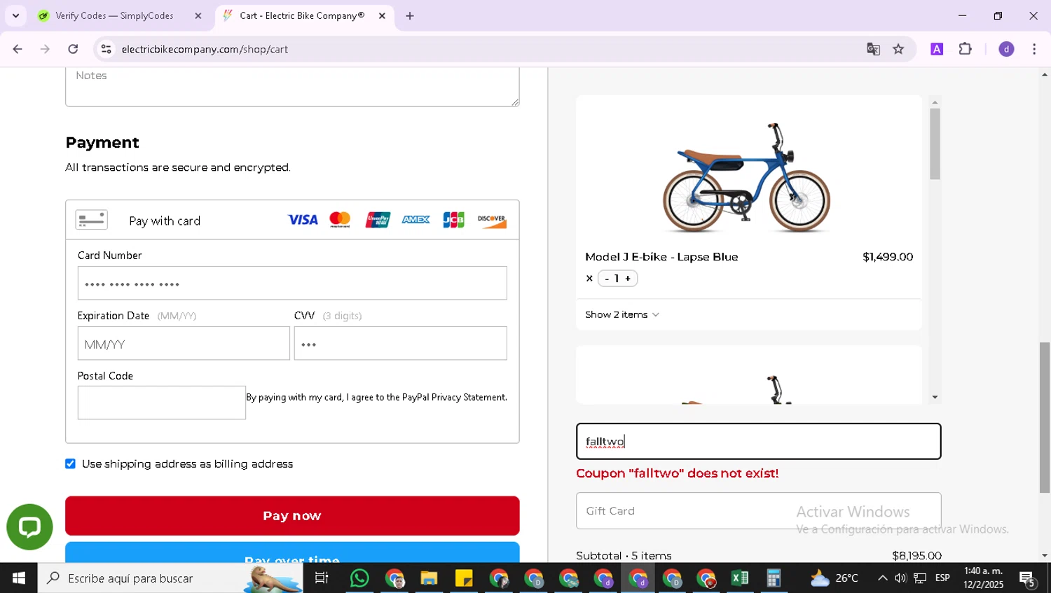 Electric Bike Company coupon code screenshot showing code falltwo applied at Electric Bike Company checkout page. Uploaded by SimplyCodes community member FortunatePioneer422 on Feb 12, 2025