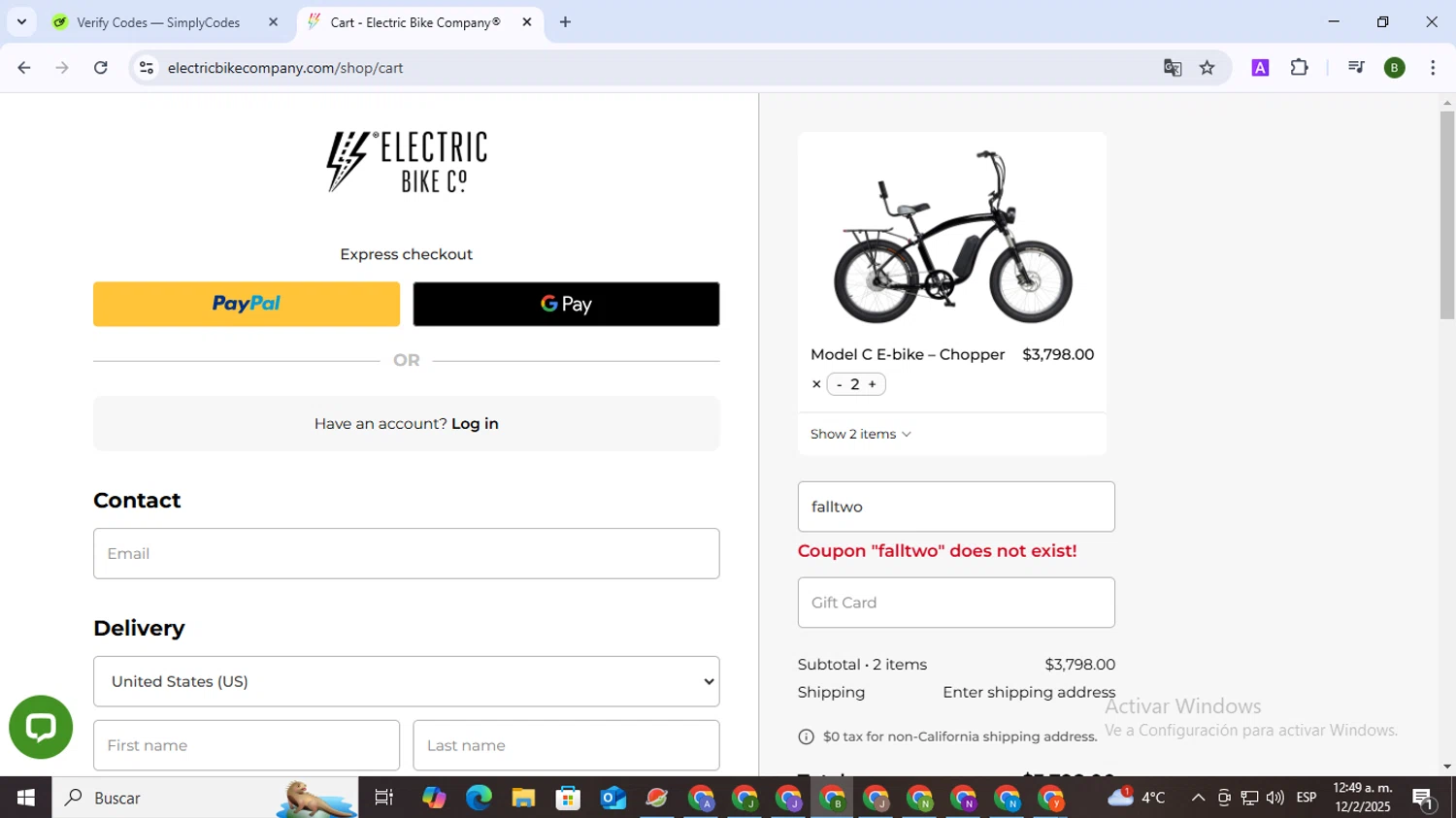 Electric Bike Company coupon code screenshot showing code falltwo applied at Electric Bike Company checkout page. Uploaded by SimplyCodes community member SaleVirtuoso5993 on Feb 12, 2025