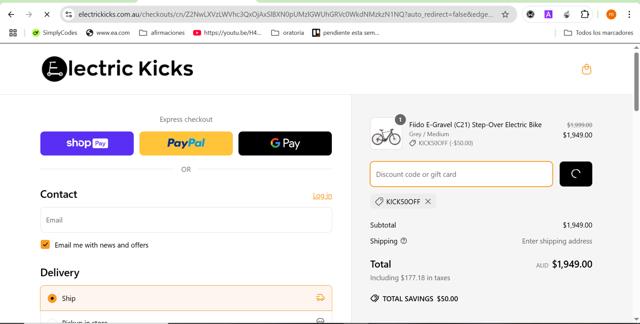 Electric Kicks AU checkout page showing Electric Kicks AU promo code box | Screenshot taken by SimplyCodes community member on Mar 21, 2025