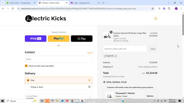 Electric Kicks AU checkout page showing Electric Kicks AU promo code box | Screenshot taken by SimplyCodes community member on Jun 25, 2025