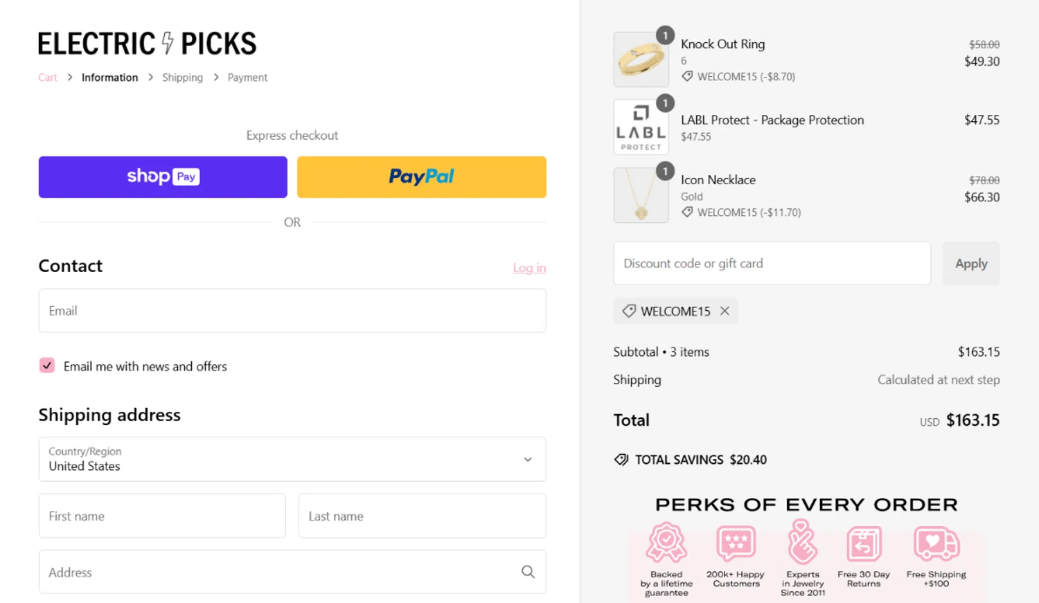 Electric Picks discount code screenshot showing code WELCOME15 applied at Electric Picks checkout page. Uploaded by SimplyCodes community member angelavidal on Jan 15, 2025