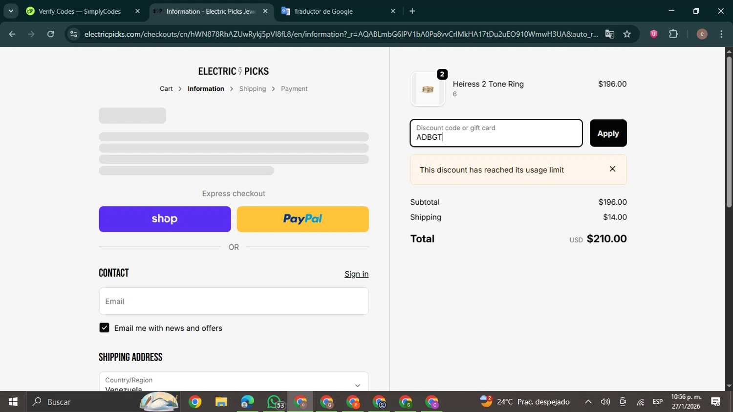 Electric Picks discount code screenshot showing code ADBGT applied at Electric Picks checkout page. Uploaded by SimplyCodes community member NobleExpert6497 on Jan 28, 2026