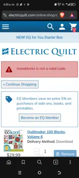 Electric Quilt coupon verification screenshot