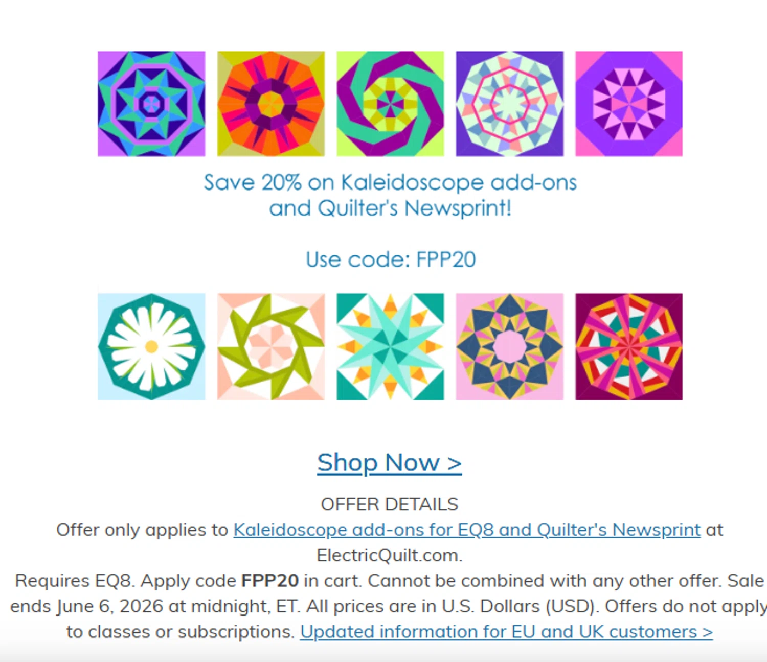 Electric Quilt promo code screenshot showing code FPP20 applied at Electric Quilt checkout page. Uploaded by SimplyCodes community member valeriaantonieta on Jun 4, 2026