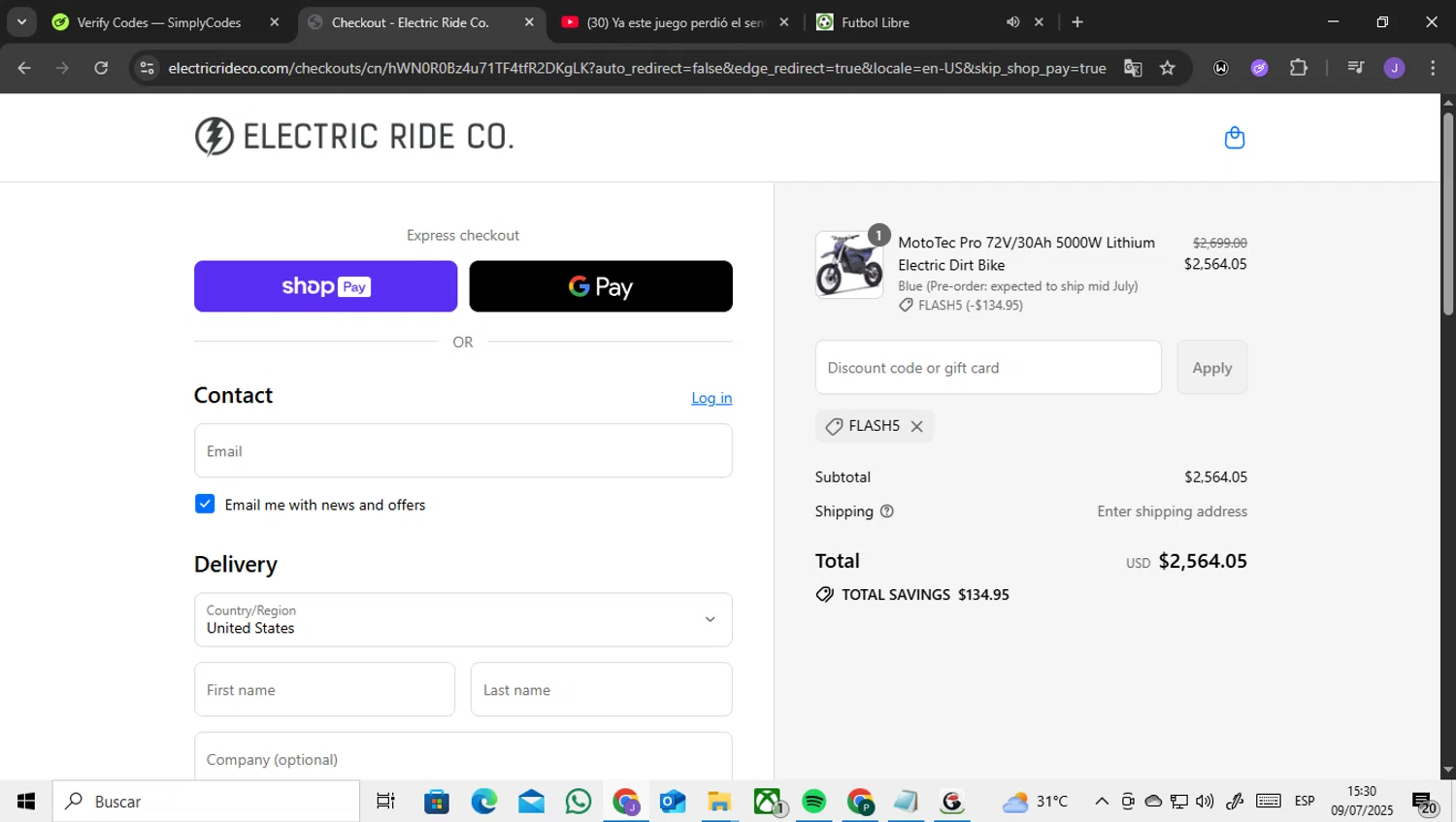 Electric Ride Co. discount code screenshot showing code FLASH5 applied at Electric Ride Co. checkout page. Uploaded by SimplyCodes community member ENCARAMESSI on Jul 9, 2025