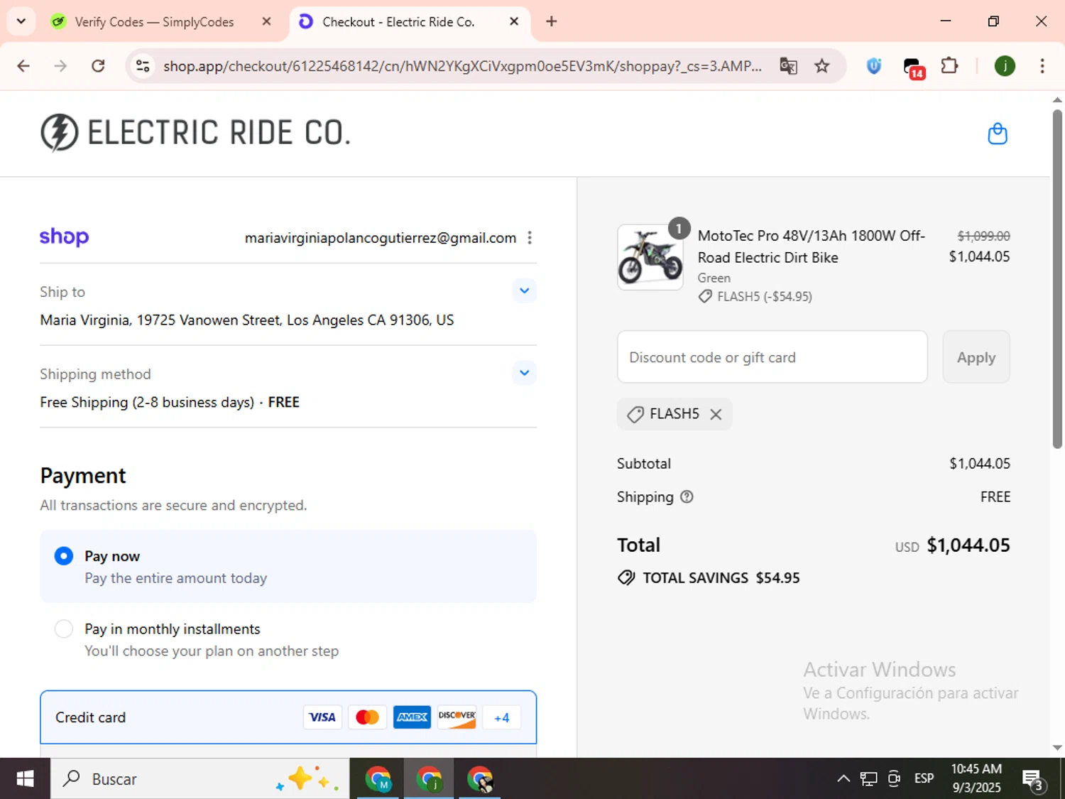 Electric Ride Co. discount code screenshot showing code FLASH5 applied at Electric Ride Co. checkout page. Uploaded by SimplyCodes community member SavingsCollector2592 on Sep 3, 2025