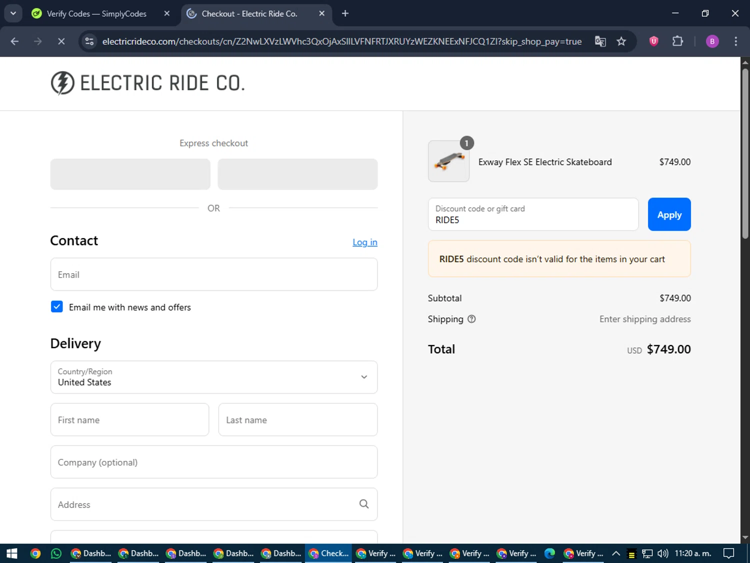 Electric Ride Co. discount code screenshot showing code RIDE5 applied at Electric Ride Co. checkout page. Uploaded by SimplyCodes community member travisscott on Jun 25, 2025