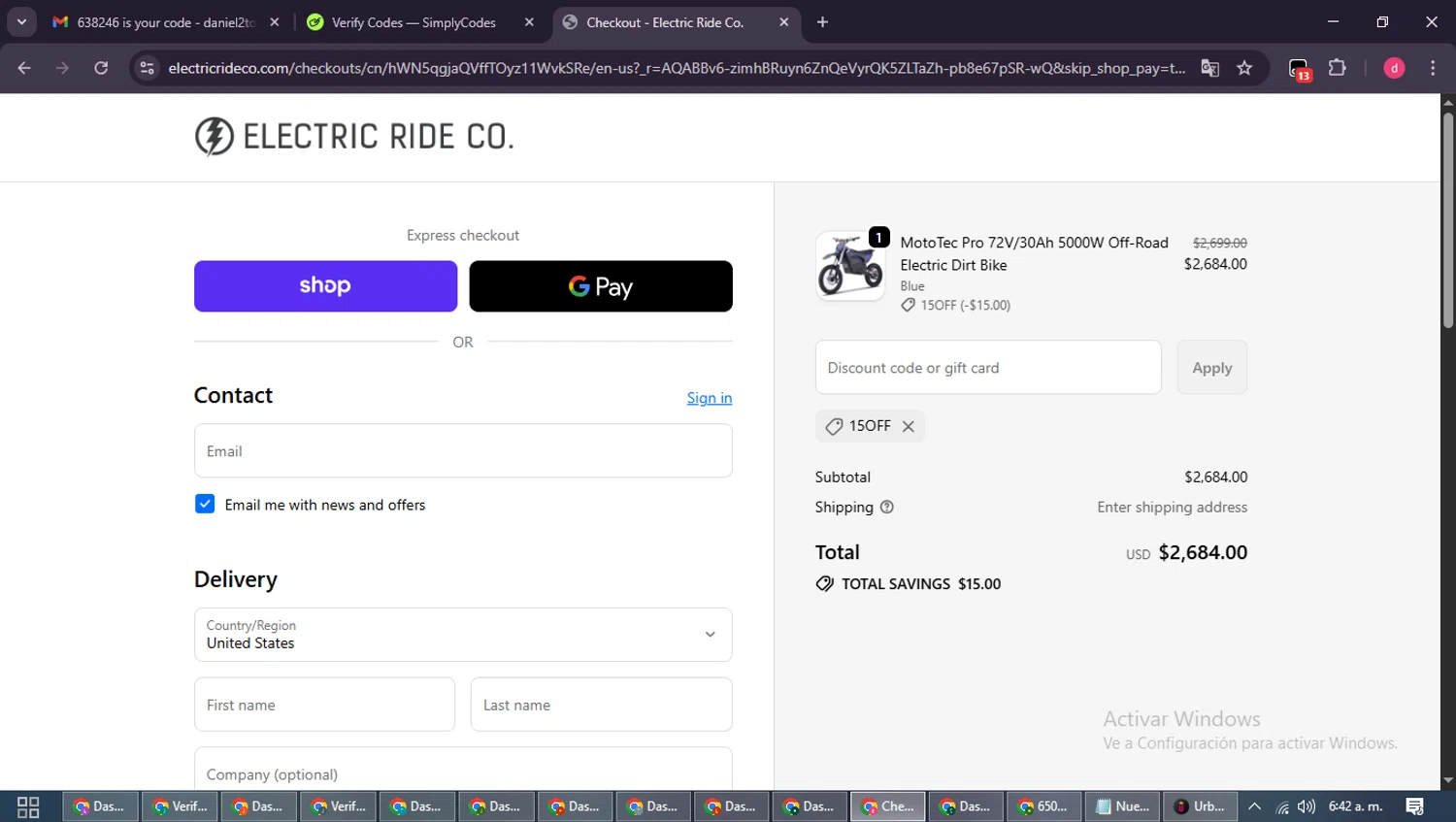 Electric Ride Co. discount code screenshot showing code 15OFF applied at Electric Ride Co. checkout page. Uploaded by SimplyCodes community member MagnificentSpotter4236 on Nov 29, 2025