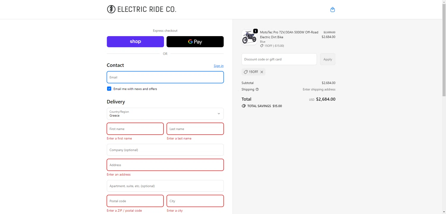 Electric Ride Co. discount code screenshot showing code 15OFF applied at Electric Ride Co. checkout page. Uploaded by SimplyCodes community member RewardTitan728 on Oct 10, 2025