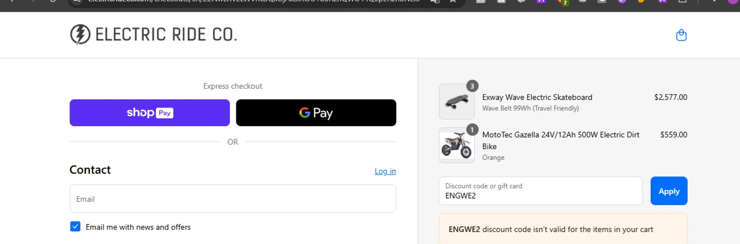 Electric Ride Co. discount code screenshot showing code ENGWE2 applied at Electric Ride Co. checkout page. Uploaded by SimplyCodes community member ashe1986 on May 25, 2025