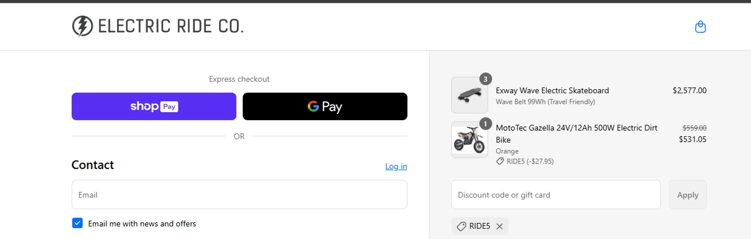 Electric Ride Co. discount code screenshot showing code RIDE5 applied at Electric Ride Co. checkout page. Uploaded by SimplyCodes community member ashe1986 on May 25, 2025