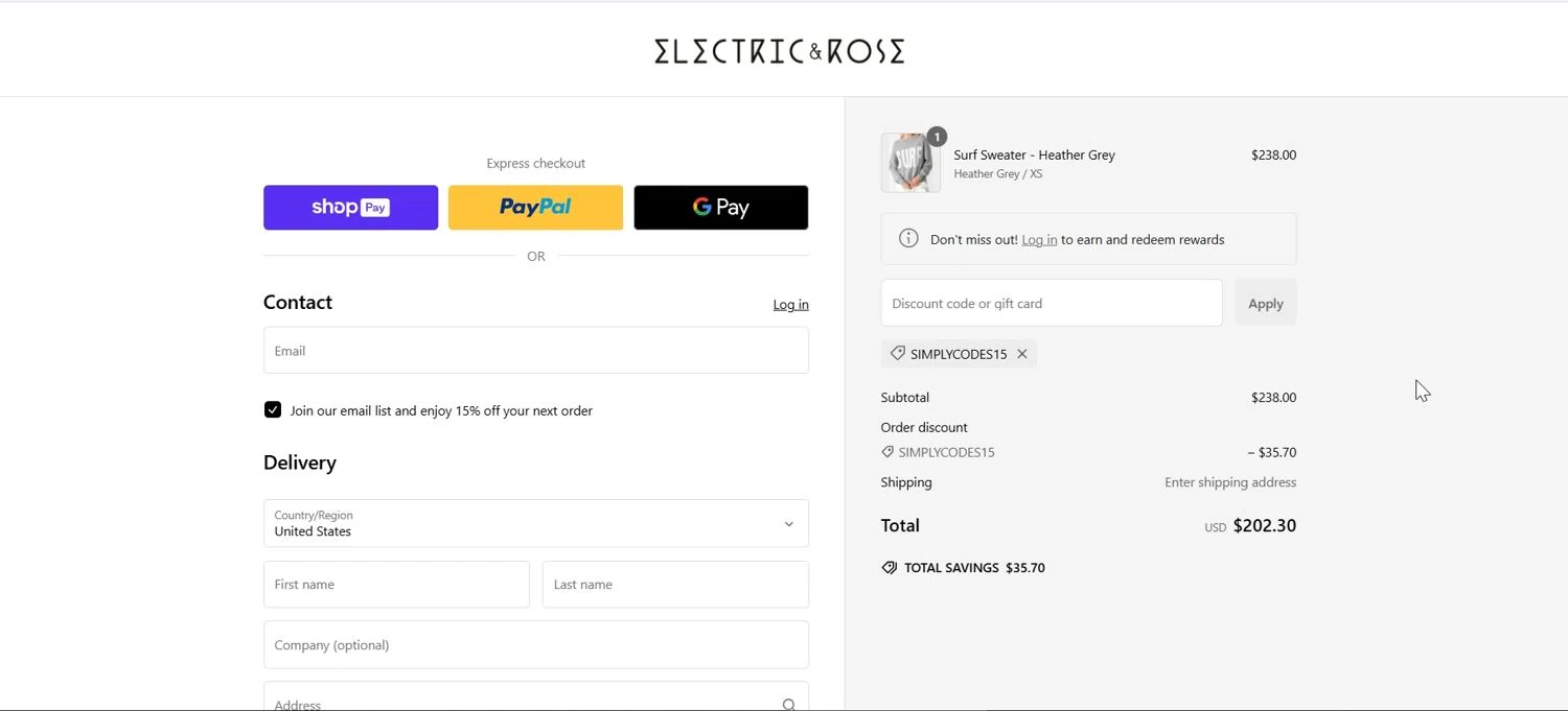 Electric & Rose Clothing promo code screenshot showing code SIMPLYCODES15 applied at Electric & Rose Clothing checkout page. Uploaded by SimplyCodes community member CodeMaverick324 on Jan 12, 2025