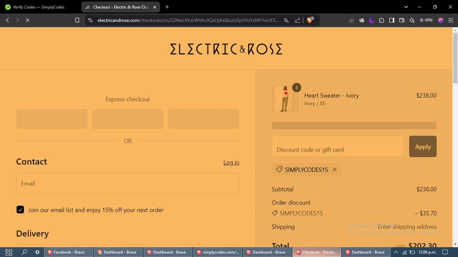 Electric & Rose Clothing promo code screenshot showing code SIMPLYCODES15 applied at Electric & Rose Clothing checkout page. Uploaded by SimplyCodes community member MoneyFox4293 on Feb 2, 2025