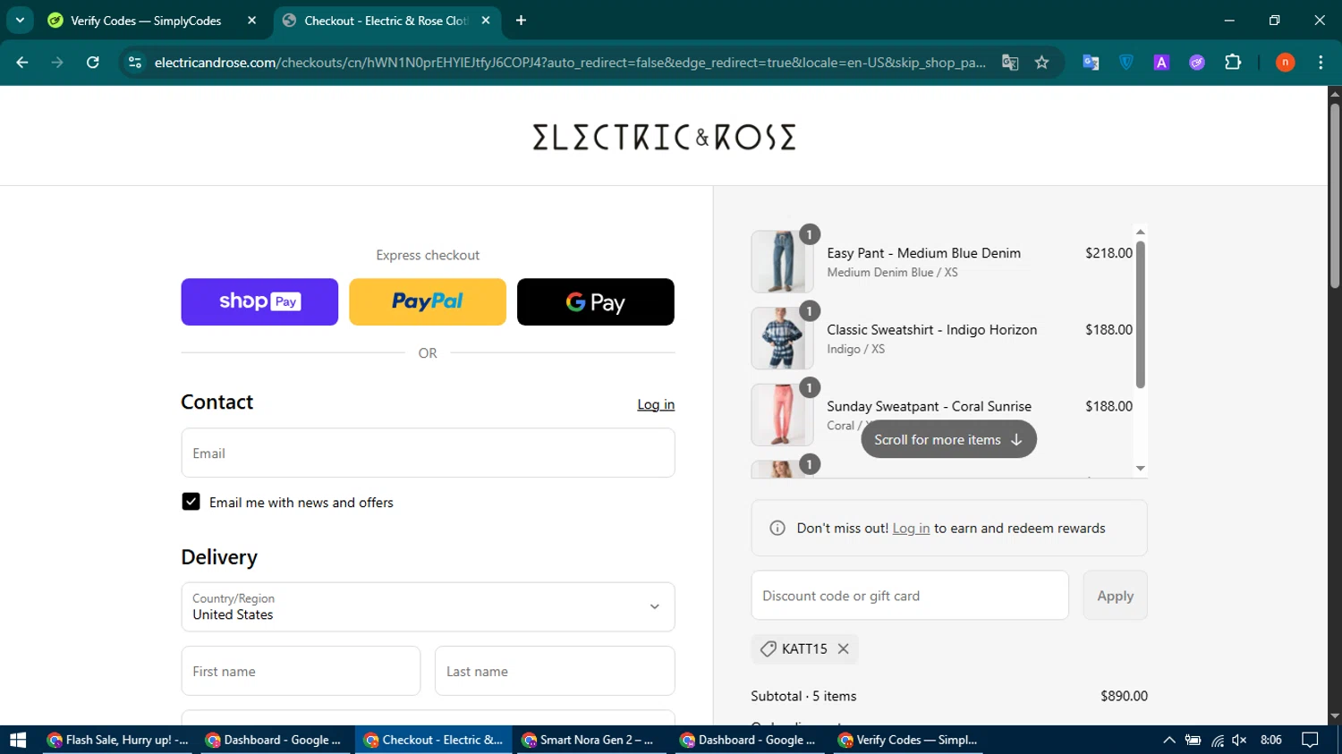 Electric & Rose Clothing promo code screenshot showing code Katt15 applied at Electric & Rose Clothing checkout page. Uploaded by SimplyCodes community member CoinMaven895 on Aug 3, 2025