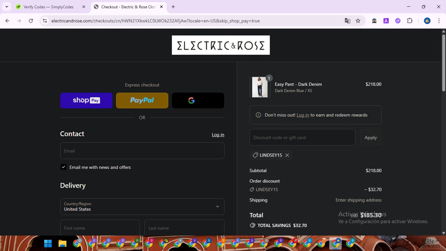 Electric & Rose Clothing promo code screenshot showing code LINDSEY15 applied at Electric & Rose Clothing checkout page. Uploaded by SimplyCodes community member SwiftWarden6832 on Aug 20, 2025
