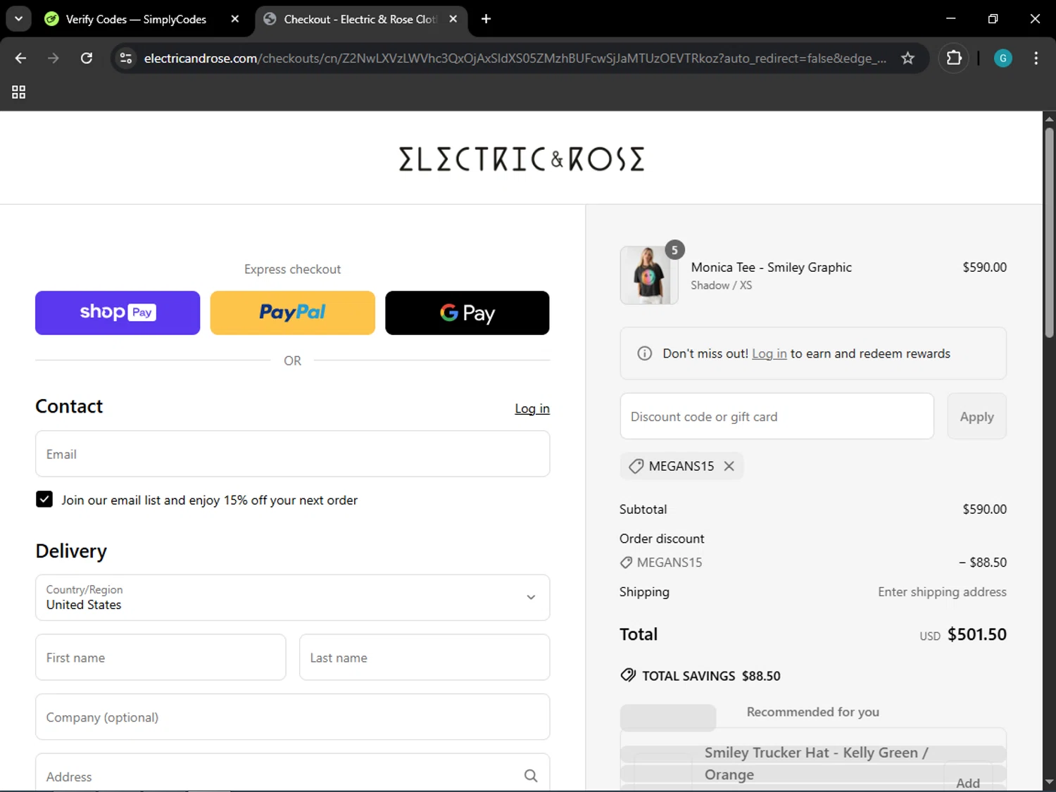 Electric & Rose Clothing promo code screenshot showing code Megans15 applied at Electric & Rose Clothing checkout page. Uploaded by SimplyCodes community member ELROJO on Jun 4, 2025