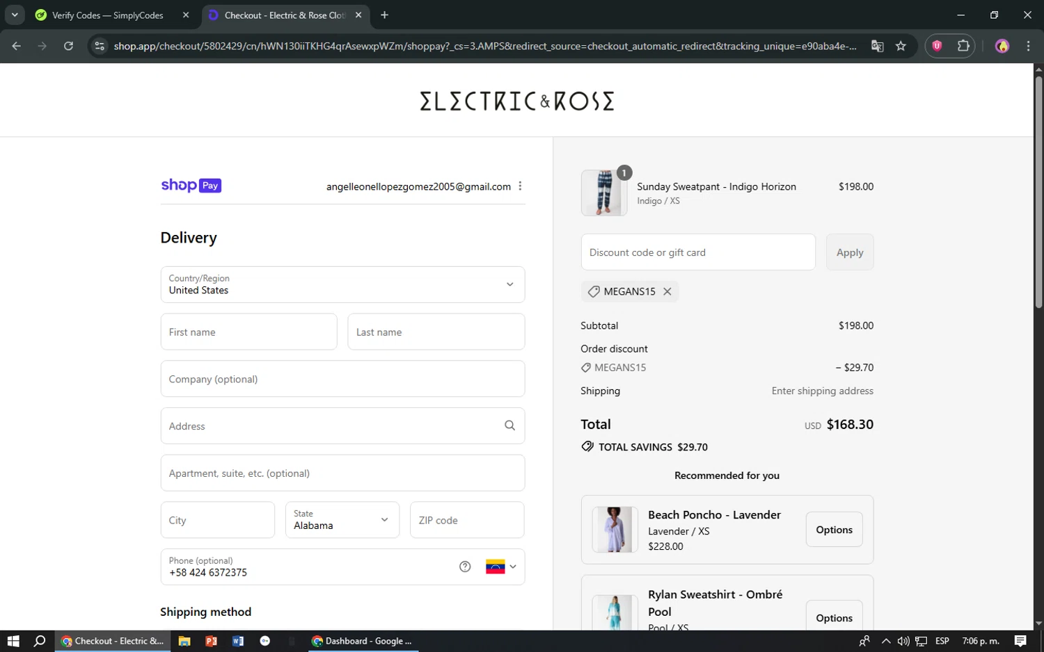 Electric & Rose Clothing promo code screenshot showing code Megans15 applied at Electric & Rose Clothing checkout page. Uploaded by SimplyCodes community member TreasureShopper9156 on Jul 25, 2025