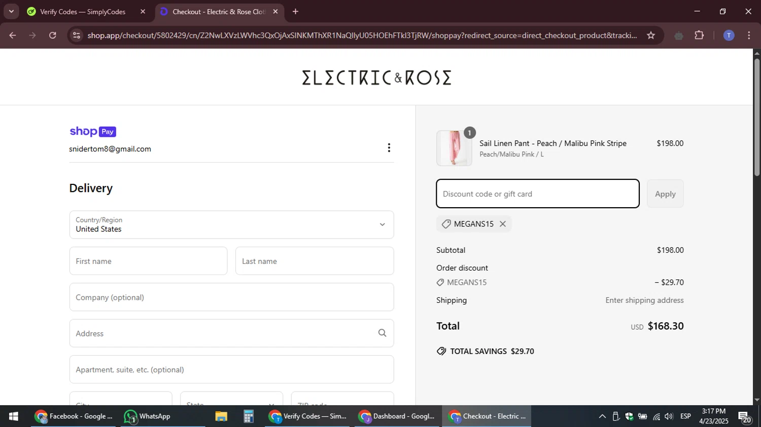 Electric & Rose Clothing promo code screenshot showing code Megans15 applied at Electric & Rose Clothing checkout page. Uploaded by SimplyCodes community member snidertom8 on Apr 23, 2025