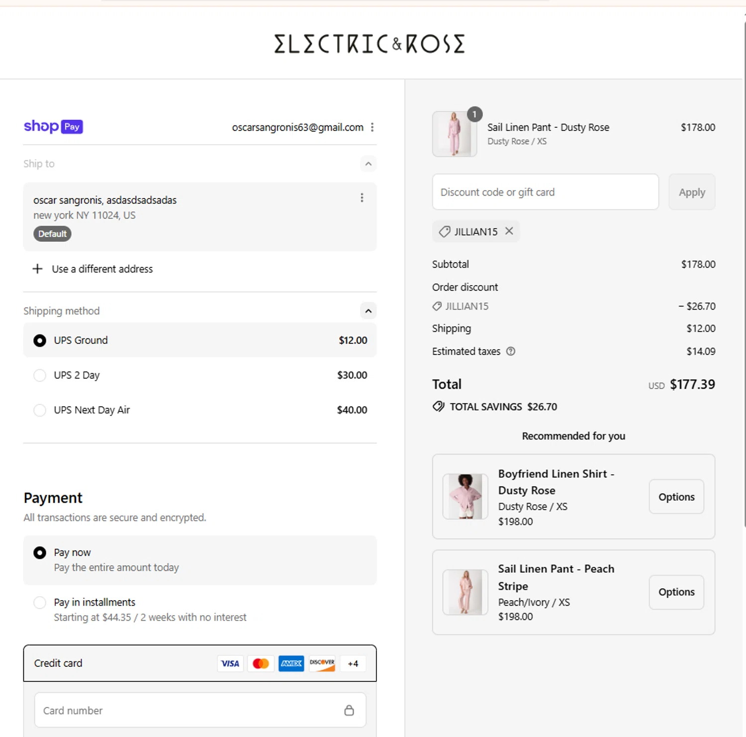 Electric & Rose Clothing promo code screenshot showing code Jillian15 applied at Electric & Rose Clothing checkout page. Uploaded by SimplyCodes community member Frionel_Pessi on Aug 11, 2025