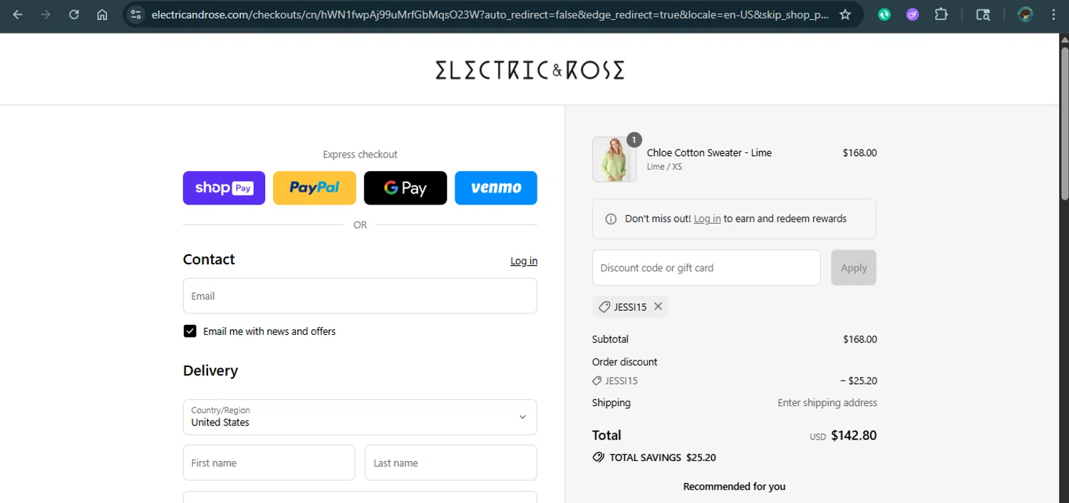 Electric & Rose Clothing promo code screenshot showing code Jessi15 applied at Electric & Rose Clothing checkout page. Uploaded by SimplyCodes community member xAngel on Aug 11, 2025