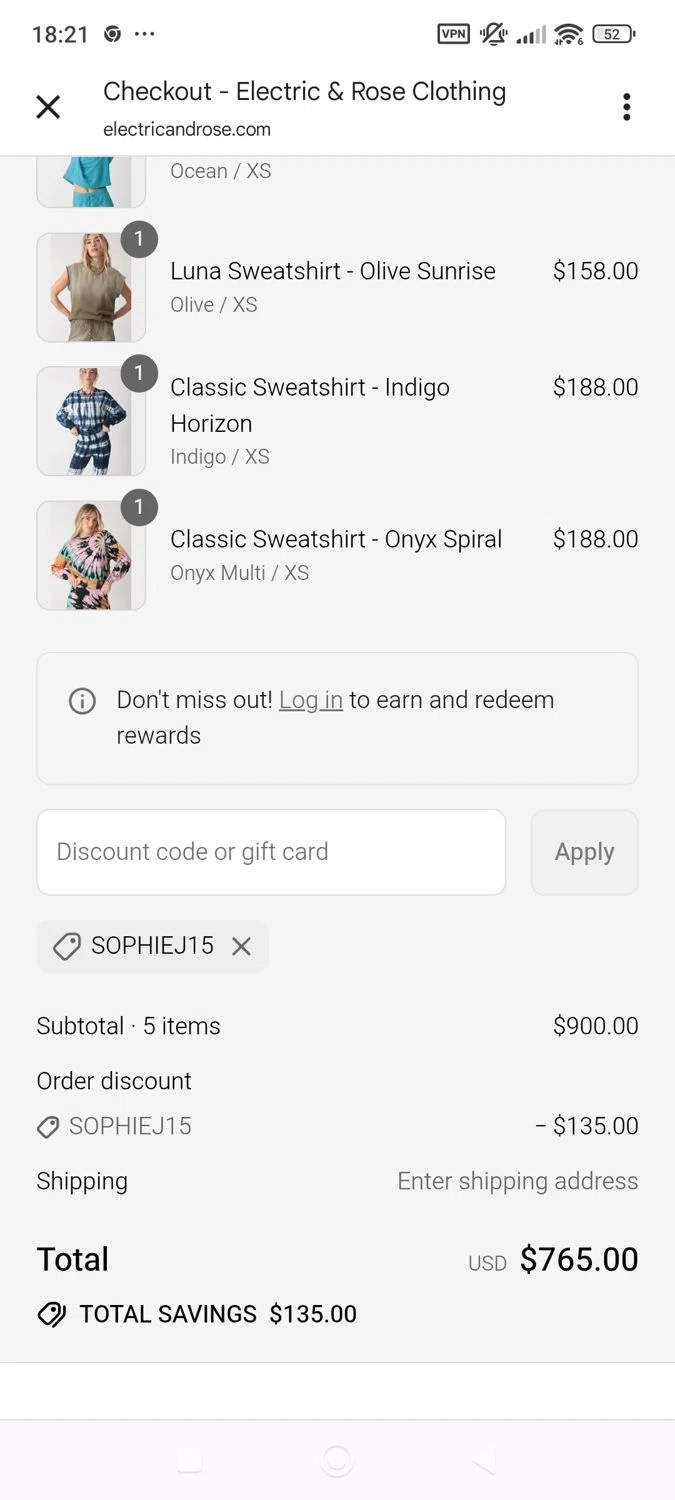 Electric & Rose Clothing promo code screenshot showing code SOPHIEJ15 applied at Electric & Rose Clothing checkout page. Uploaded by SimplyCodes community member ShieldWhiz4659 on Aug 24, 2025