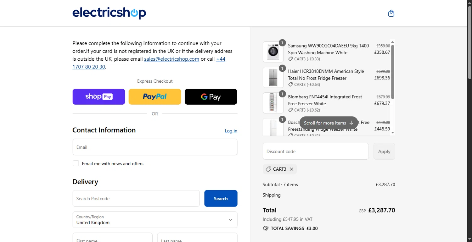 Electricshop discount code screenshot showing code CART3 applied at Electricshop checkout page. Uploaded by SimplyCodes community member BonusFox1297 on Jul 6, 2025
