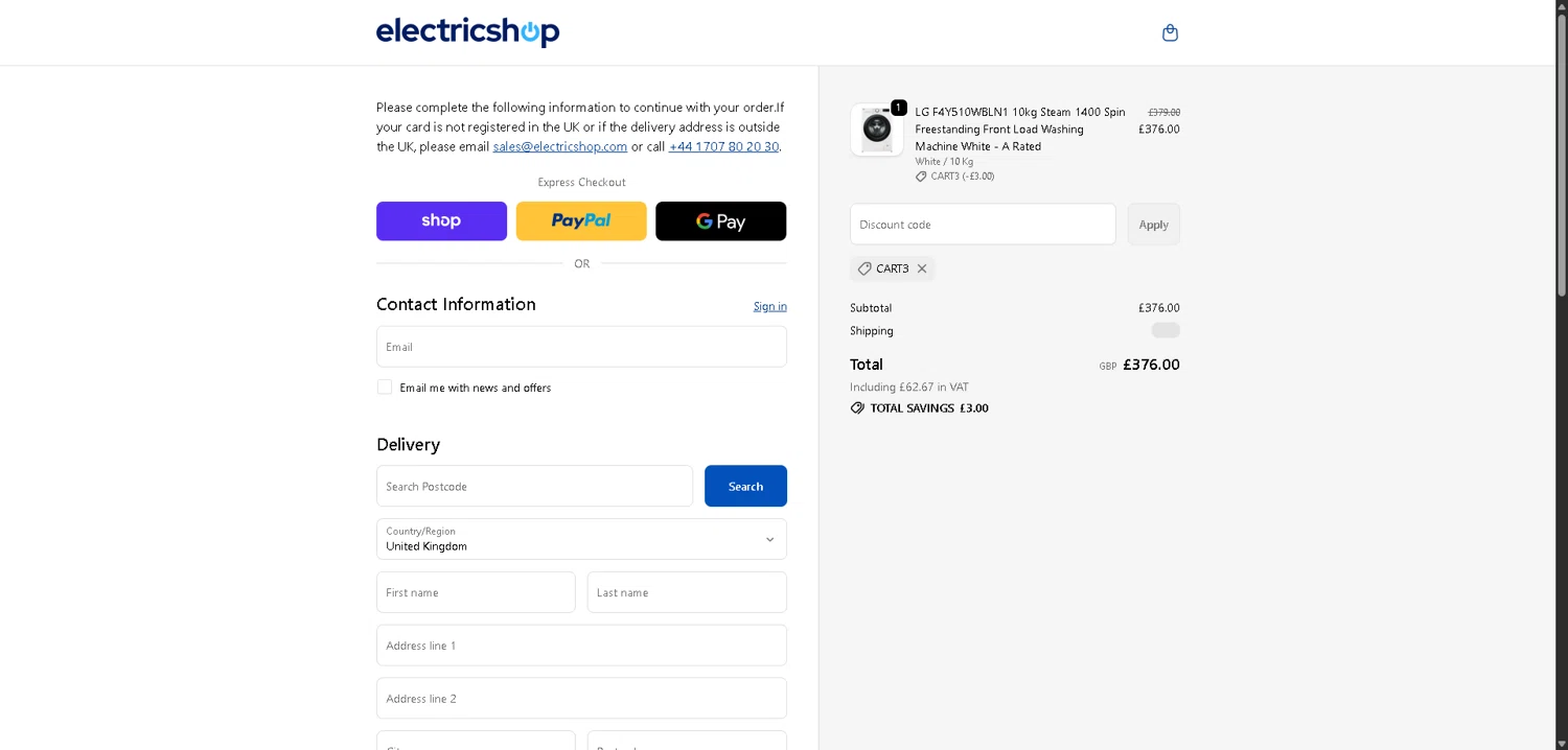 Electricshop discount code screenshot showing code CART3 applied at Electricshop checkout page. Uploaded by SimplyCodes community member ValueWarden2887 on Dec 6, 2025