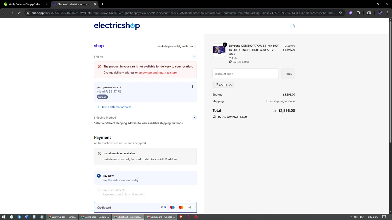 Electricshop discount code screenshot showing code CART3 applied at Electricshop checkout page. Uploaded by SimplyCodes community member jesuscondez on Sep 30, 2025